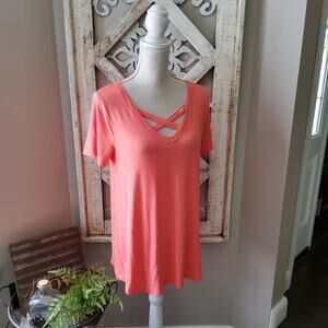 Women's Short Sleeve Relaxed Fit T-Shirt Tee Top with Criss Cross V-Neck Coral